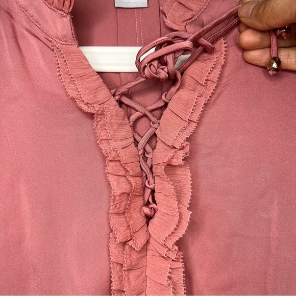 CHICO'S XL Ruffle Tie Neck Pullover Satin Blouse Burnished Rose Work Romantic - Picture 8 of 14